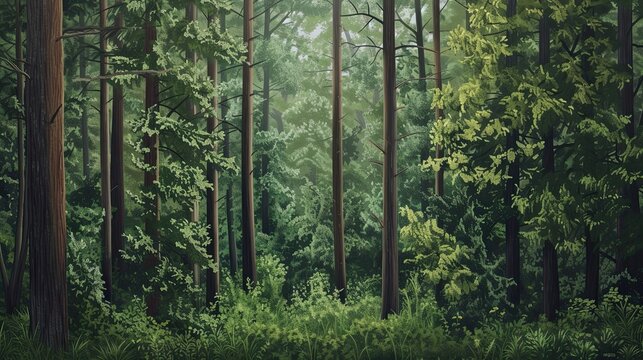 Forest, mysticism, greenery, moss, grass, tropics, wilderness, thicket, paranormal, another world, realistic style, green tones, foliage. Forest and nature beauty concept. Generative by AI