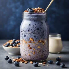 jar of muesli and spoon with milk glass and dry fruits and blueberry bowl