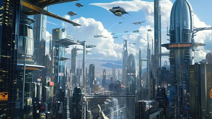 Futuristic town, world of the future, flying cars, skyscrapers, tall buildings, auto traffic, futurism, city landscape, urbanism. Parallel universe, tomorrows realm concept. Generative by AI