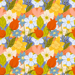 Wildflower seamless pattern. Botanical illustration with colorful flowers. Transparent background.