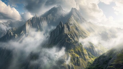 Mountains, snow, winter, clouds, wind, very high, rocks, white and green tones, snow capped peaks, north and south poles, unusual landscape, highland, nature. Generative by AI