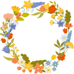 Wildflower wreath. Botanical illustration with colorful flowers. Transparent background.