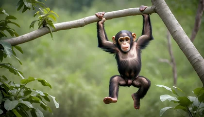 Foto op Plexiglas A Playful Baby Chimpanzee Swinging From Tree To Tr Upscaled 4 © Hamna