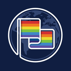 Rainbow pride flag with white line border circle around globe world on dark blue background vector design