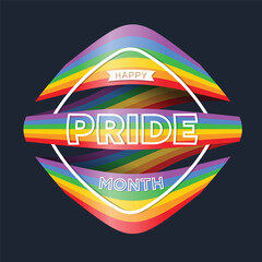 Happy pride month - text on abstract long rainbow pride flag with roll waving to diamond shape on dark blue background vector design