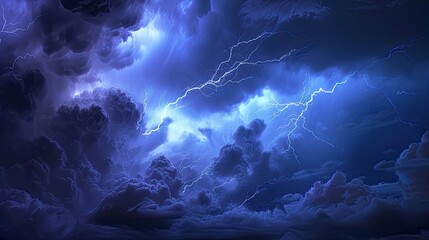 Clouds, storm, storm, thunderstorm, sky, natural disaster, nature, weather. lightning, blue shades, night landscape. Force and peril associated with natural calamities concept. Generative by AI