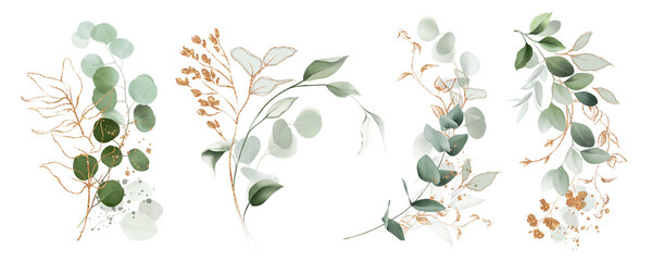 Plakaty  Watercolor bouquet of leaves and eucalyptus branch with gold. Botanical herbal illustration for wedding or greeting card. Hand painted spring composition isolated on white background.