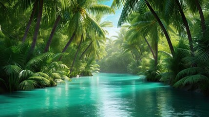 Tropical paradise, jungle stream with azure water. Idyll against the backdrop of green palms and ferns. Dream vacation, resort. Paradise island concept. Generative by AI