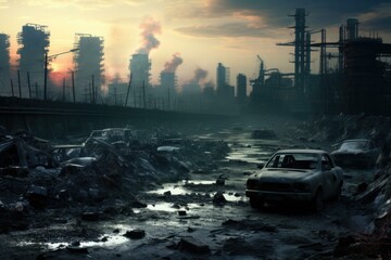 A car sitting in a dirty area next to some buildings. Generative AI.