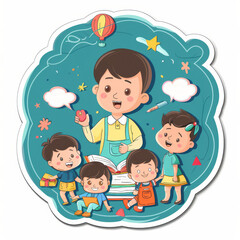 Obraz premium Colorful cartoon sticker of a teacher with students, books, and an apple, with a dreamy blue background