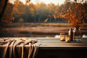 stylist and royal Empty wooden table with tablecloth over autumn nature park background, space for text, photographic