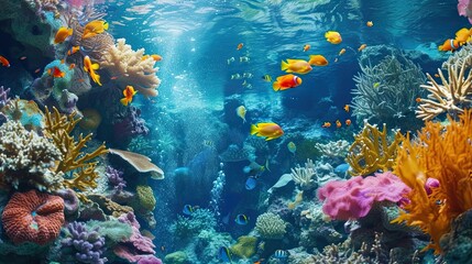 Naklejka na ściany i meble Underwater world, corals, sea life, fish, dark colors, natural environment, flora and fauna, sun rays, water, aqua, sea, ocean, realistic style. Generative by AI