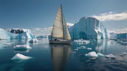 Fotobehang A sailboat in the middle of a body of water with icebergs. Generative AI. © serg3d