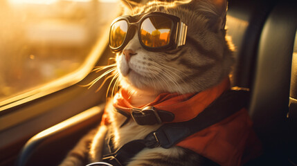 Cool cat in sunglasses sitting behind the wheel of a c