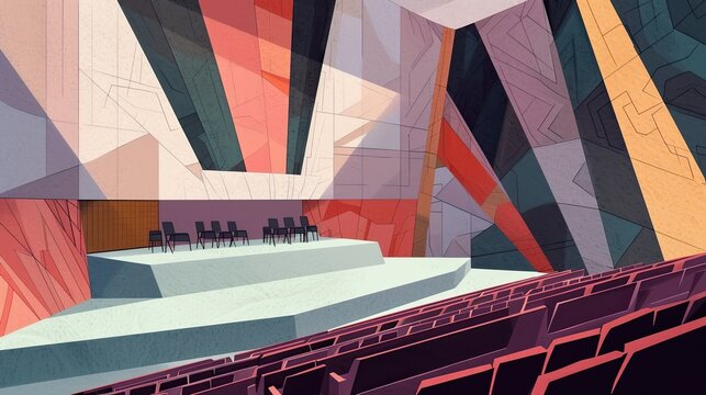 An abstract image of a stage for musical performances, chairs, philharmonic. Orange, pink, beige and other colors. Empty concert hall, culture, art, performance. Generative by AI