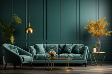 stylist and royal green and golden minimalist living room interior with sofa on a wooden floor