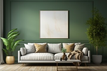 stylist and royal green and golden minimalist living room interior with sofa on a wooden floor, 