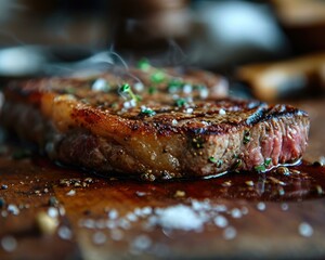 A close up of a steak on top of some wood. Generative AI.