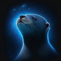 High Resolution. Generative AI. Realistic cosmic blue otter looking up. Dark background with blue highlighted rim. Space and universe background effect. Beautiful AI image of blue otter looking up.  