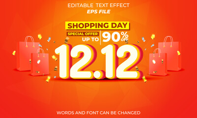 12.12 shopping day anniversary text effect, 3d text, editable for commercial promotion