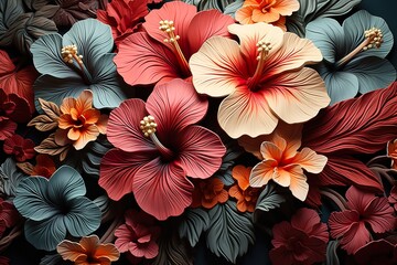 stylist and royal Hawaiian style pattern with hibiscus flowers and lush vegetation ideal for exotic background - obrazy, fototapety, plakaty