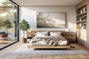 stylist and royal interior of a modern plywood bedroom at night, space for text, photographic,