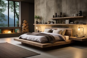 stylist and royal interior of a modern plywood bedroom at night, space for text, photographic,