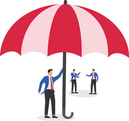 Big hand holding umbrella protecting group of businessmen