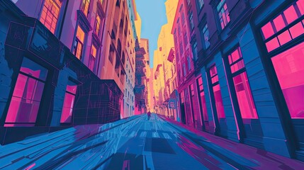 Abstract illustration of a landscape of a city, urban area, lonely person on the street, unusual color palette, contrast, sloppy lines, sketch, flat design, psychedelic. Generative by AI - obrazy, fototapety, plakaty