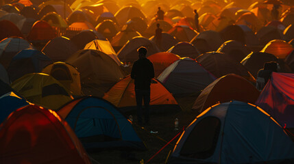 a lone figure standing amidst a sea of festival tents, their silhouette stark against the setting sun