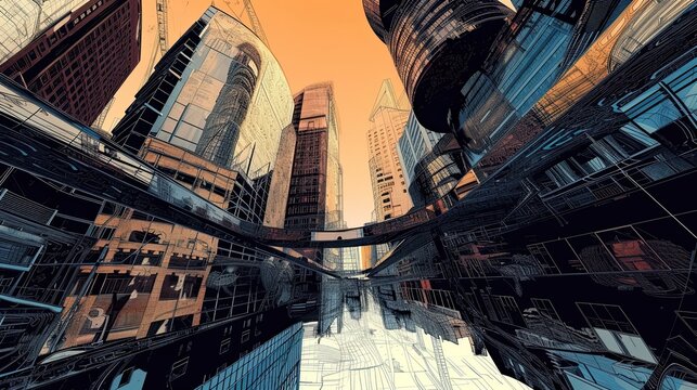 Abstract image of a futuristic city with skyscrapers, sketch, different color palette, high rise buildings made of glass, metal, bridge, overground metro, street, town, sunset. Generative by AI