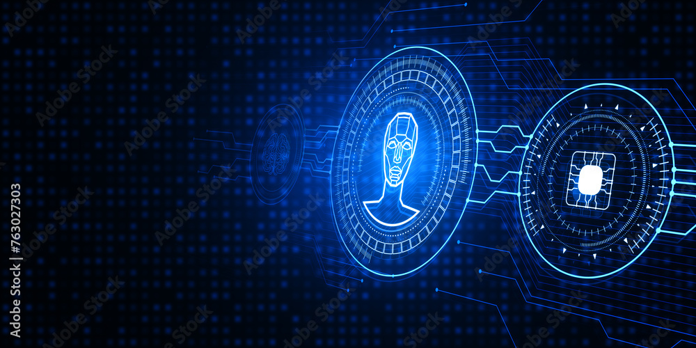 Poster Creative ai hologram on dark blue tech backdrop with mock up place. Artificial intelligence and machine learning concept. 3D Rendering.