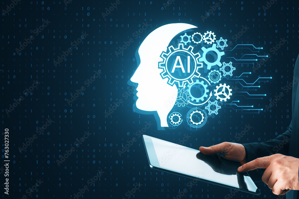 Poster Close up of businessman hand using tablet with creative head outline and cogs ai hologram on dark blue tech background. Artificial intelligence and machine learning concept.
