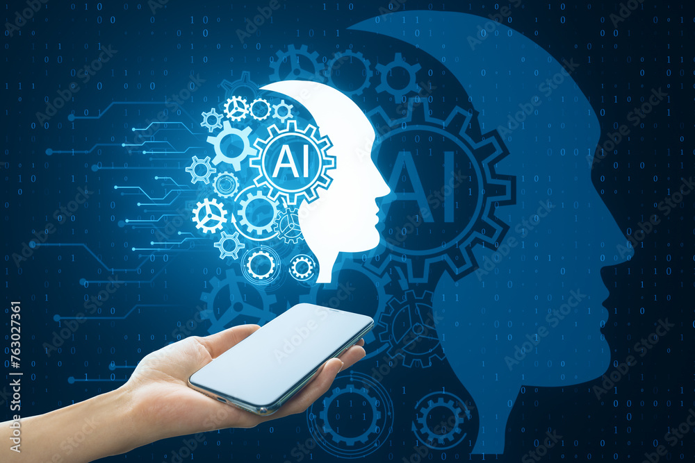 Poster close up of female hand holding smartphone with creative head outline and cogs ai hologram on dark b
