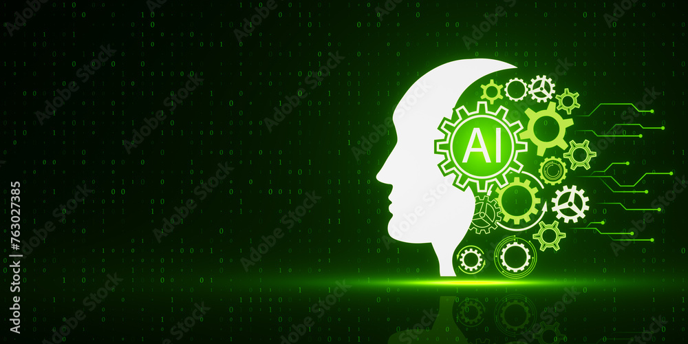 Poster Creative head outline and cogs ai hologram on dark green tech background with mock up place. Artificial intelligence and machine learning concept. 3D Rendering.