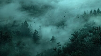 Exotic foggy forest. Jungle panorama, forest oasis. Foggy dark forest. Natural forest landscape - obrazy, fototapety, plakaty