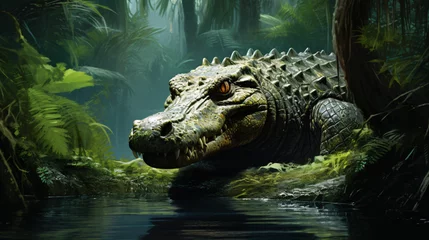 Poster Crocodile emerges from emerald waters a wild jungle background © Cybonix