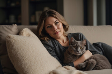 Entspannte junge Frau kuschelt mit ihrer Katze auf einem gemütlichen Sofa - obrazy, fototapety, plakaty
