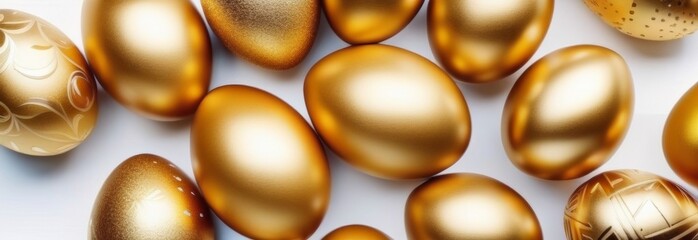 golden easter eggs on white background banner