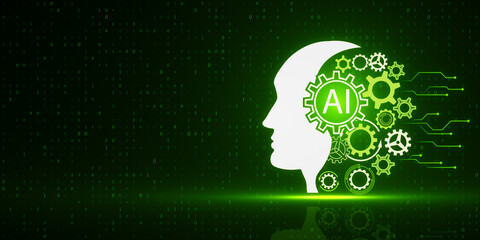 Creative head outline and cogs ai hologram on dark green tech background with mock up place. Artificial intelligence and machine learning concept. 3D Rendering.