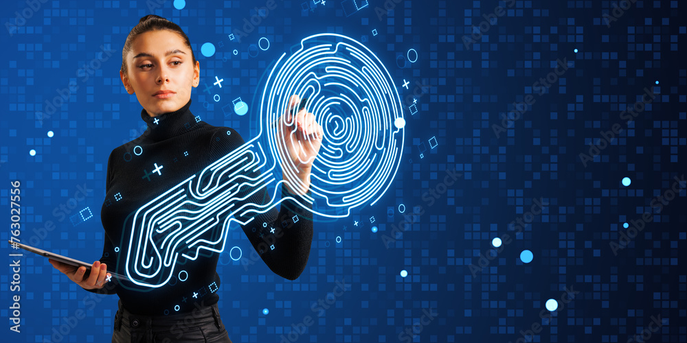 Aufkleber young woman with creative fingerprint key on blue background. concept of cyber security or private k