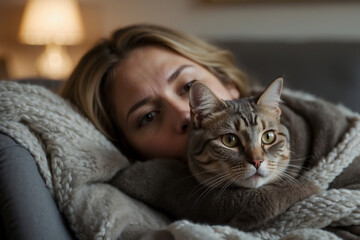 Innige Momente: Frau und Katze umhüllt von einer kuscheligen Decke