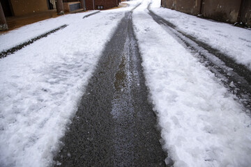 Snowy street in winter - 763027594