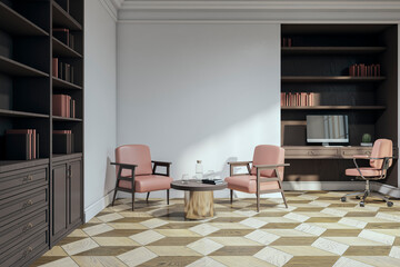 Contemporary classic home office interior with wooden bookcase, furniture and workplace. 3D Rendering.