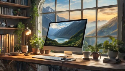 Window to Productivity: Desktop Computer Nestled on a Desk by Sunlit Panes"