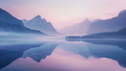 Fototapeta na wymiar Harmony in nature: A serene background showcasing a tranquil lake, mirrored by majestic mountains under a soft dawn