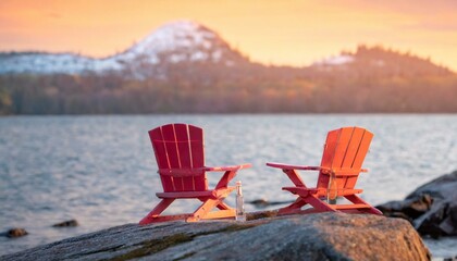 Fototapeta na wymiar Serenity Seats: Two Red Muskoka Chairs Resting on a Rocky Perch