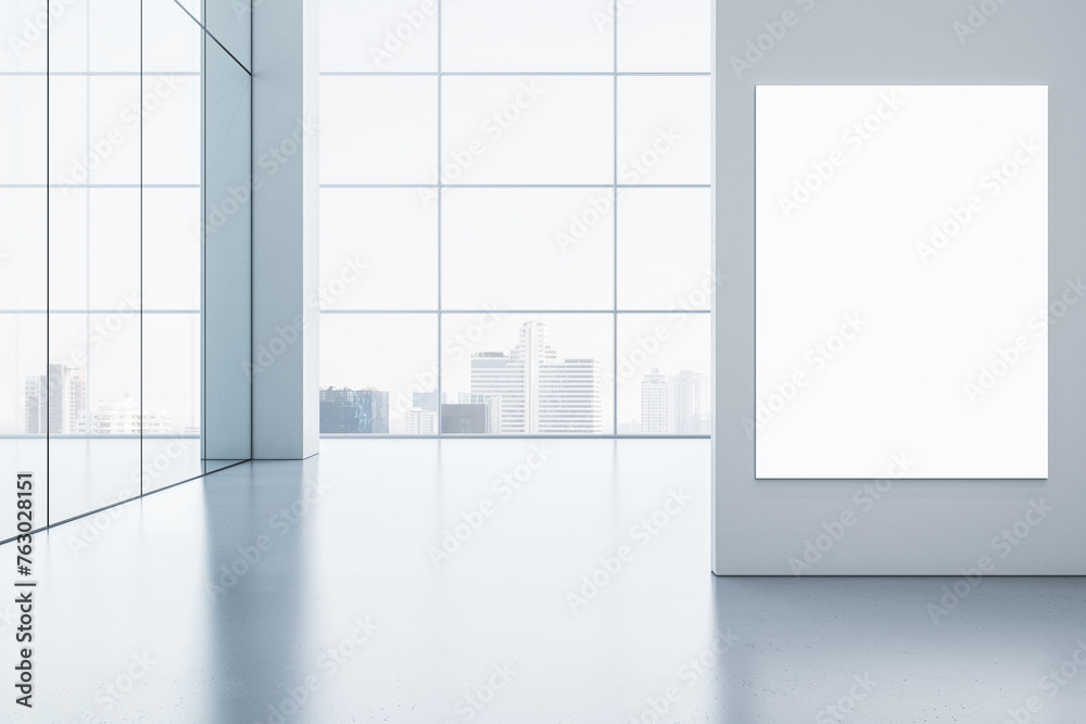 Poster modern concrete office hallway with white mock up banner on wall, panoramic window, reflections and 