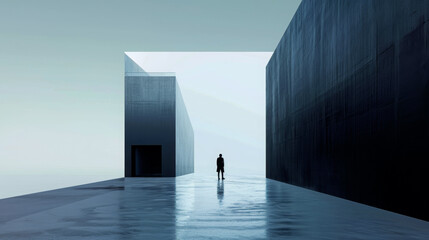 Obraz premium Figure approaching a monumental building in a surreal, misty atmosphere. Architectural visualization with a concept of mystery and exploration