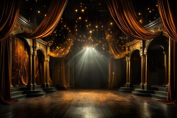 stylist and royal Magic theater stage golden curtains Show Spotlight, space for text, photographic